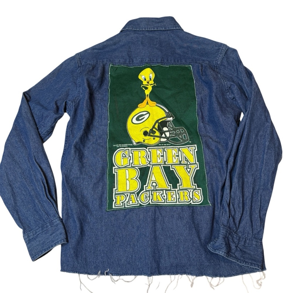 Wrangler Green Bay Packers denim jean shirt Tweety Bird Upcycle